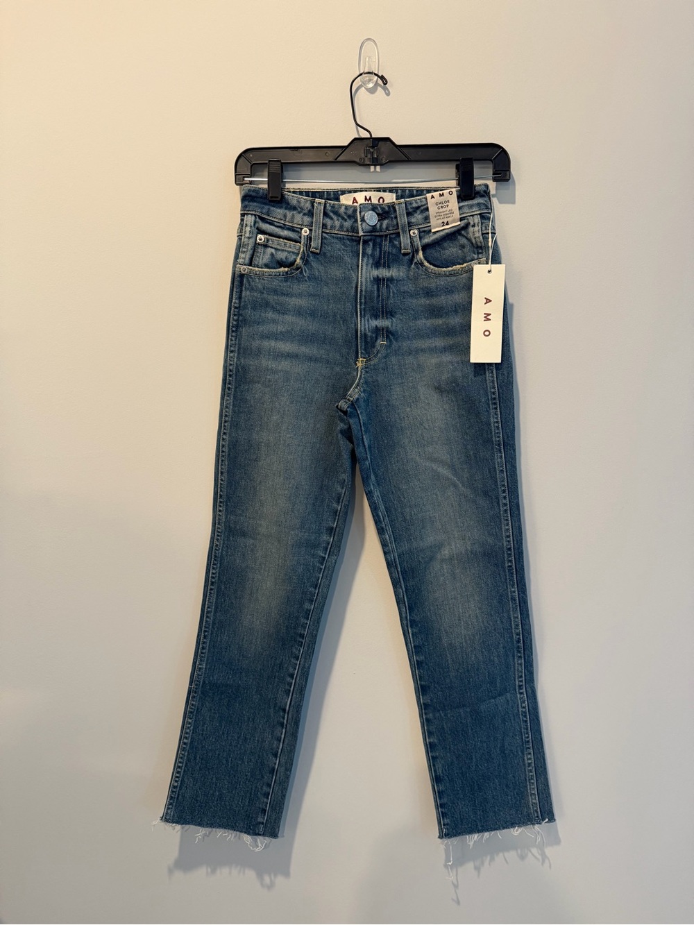 AMO Straight Leg Jeans in Blue Denim with Raw Hem